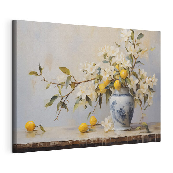 Dipinto raffigurante un vaso con fiori e limoni Stampa su tela Dipinto raffigurante un vaso con fiori e limoni