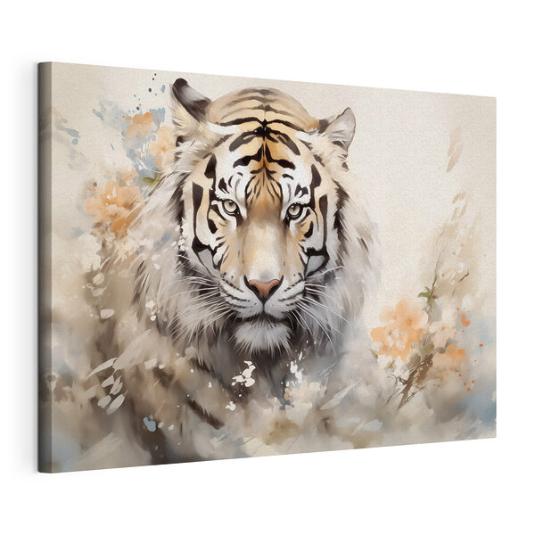 Tigre con dei fiori sullo sfondo Stampa su tela Tigre con dei fiori sullo sfondo