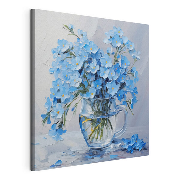 Stampa su tela Dipinto raffigurante fiori blu in un vaso di vetro