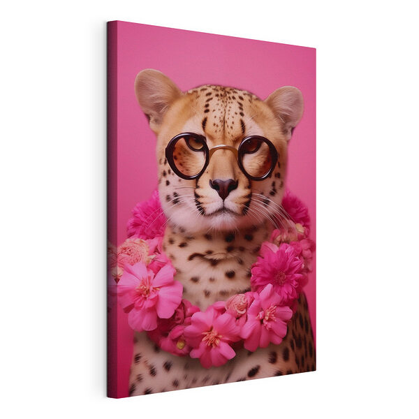 Stampa su tela Un leopardo con gli occhiali e una collana di fiori