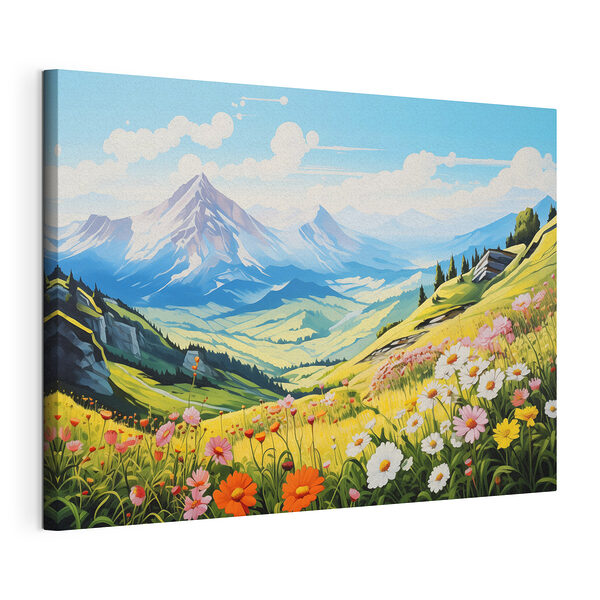 Stampa su tela Paesaggio con montagne e fiori