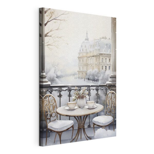 Stampa su tela Tavolino con delle tazze e un vaso di fiori, con sullo sfondo un paesaggio innevato