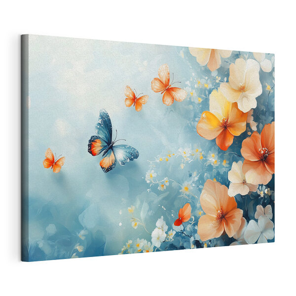 Farfalle e fiori su sfondo blu Stampa su tela Farfalle e fiori su sfondo blu