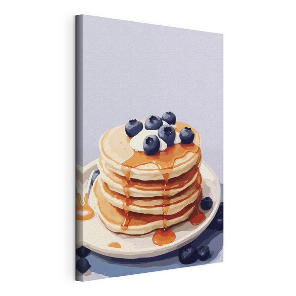 Pila di pancake con mirtilli e sciroppo sopra Stampa su tela Pila di pancake con mirtilli e sciroppo sopra