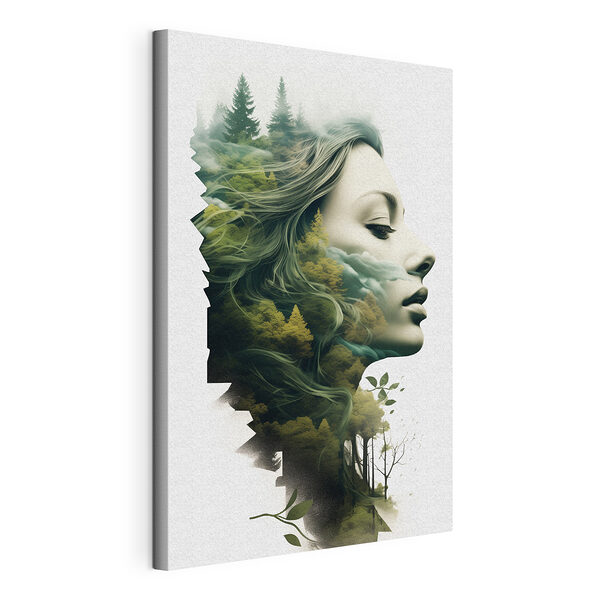 Stampa su tela Viso di donna con alberi e nuvole
