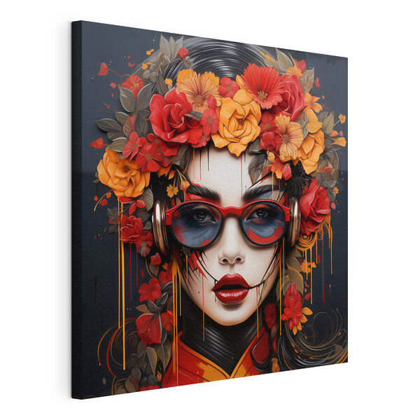 Donna con dei fiori tra i capelli e gli occhiali Stampa su tela Donna con dei fiori tra i capelli e gli occhiali