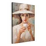 Stampa su tela Donna con un cappello in mano che tiene una tazza