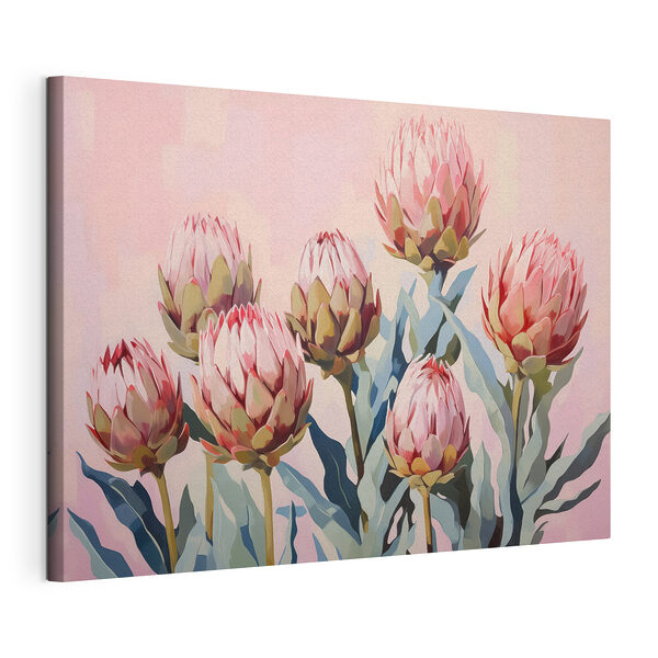Stampa su tela Dipinto raffigurante dei fiori su sfondo rosa