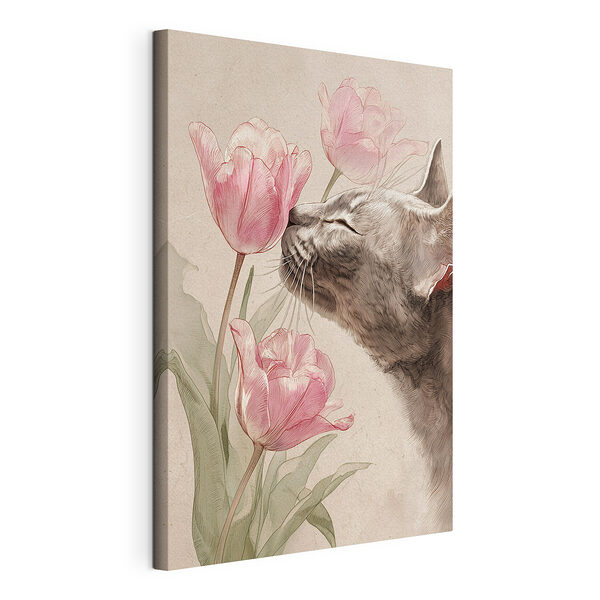 Stampa su tela Gatto che annusa i fiori
