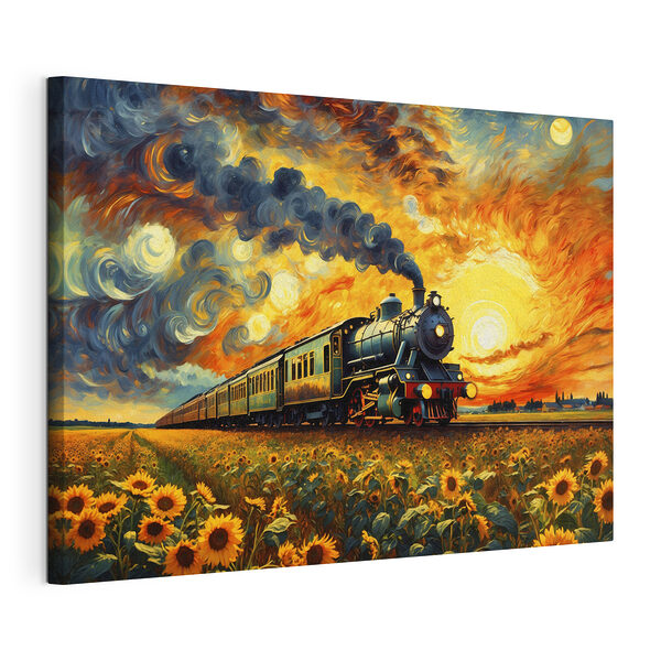 Treno sui binari con girasoli e fumo che esce dalla locomotiva Stampa su tela Treno sui binari con girasoli e fumo che esce dalla locomotiva