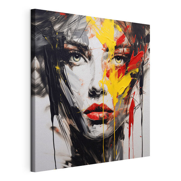 Dipinto raffigurante il volto di una donna realizzato con colori rosso, giallo e nero Stampa su tela Dipinto raffigurante il volto di una donna realizzato con colori rosso, giallo e nero