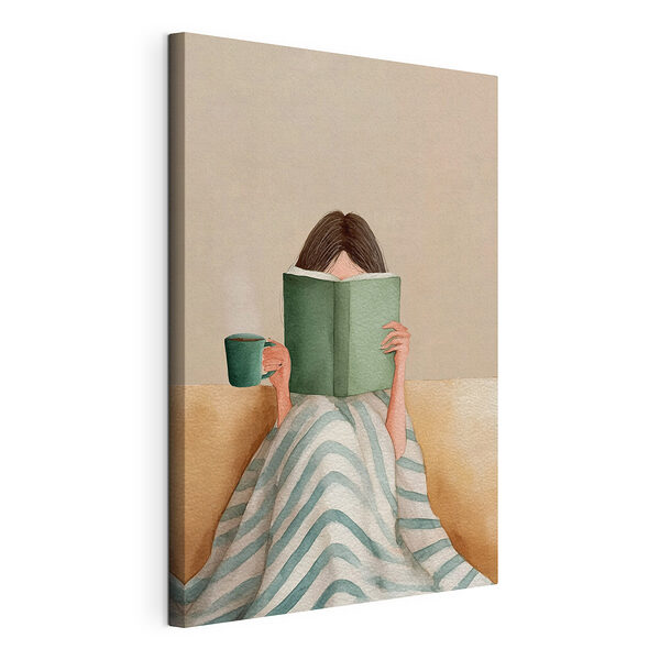 Stampa su tela Stampa su tela Donna che legge un libro e tiene in mano una tazza (COD: s48114)