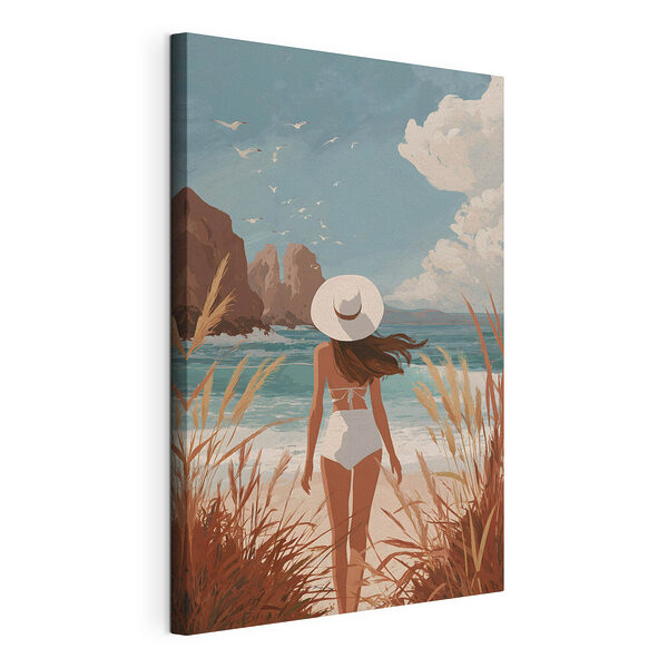 Stampa su tela Donna in costume da bagno e con un cappello che cammina sulla spiaggia