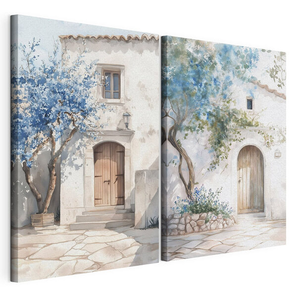 Stampa su tela modulare Acquerello raffigurante una casa con una porta e un ingresso