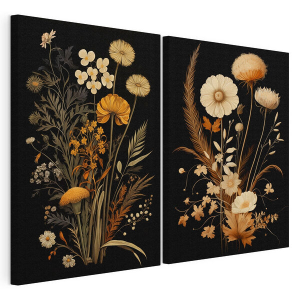 Opere d'arte botaniche fantasiose su sfondo nero Stampa su tela modulare Opere d'arte botaniche fantasiose su sfondo nero