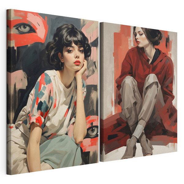 Collage raffigurante una donna seduta sul pavimento Stampa su tela modulare Collage raffigurante una donna seduta sul pavimento