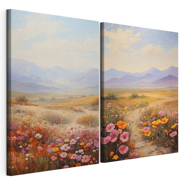 Dipinto raffigurante un paesaggio con fiori Stampa su tela modulare Dipinto raffigurante un paesaggio con fiori