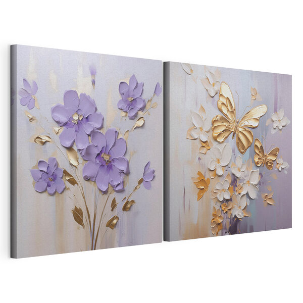 Dipinto raffigurante fiori e farfalle Stampa su tela modulare Dipinto raffigurante fiori e farfalle
