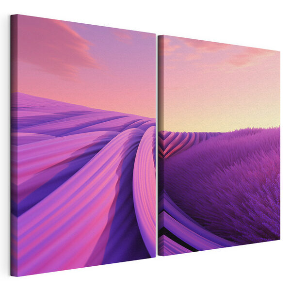 Stampa su tela modulare Campo di lavanda con cielo rosa e viola