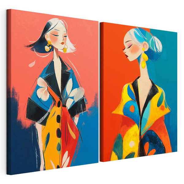 Collage raffigurante una donna che indossa un cappotto colorato Stampa su tela modulare Collage raffigurante una donna che indossa un cappotto colorato
