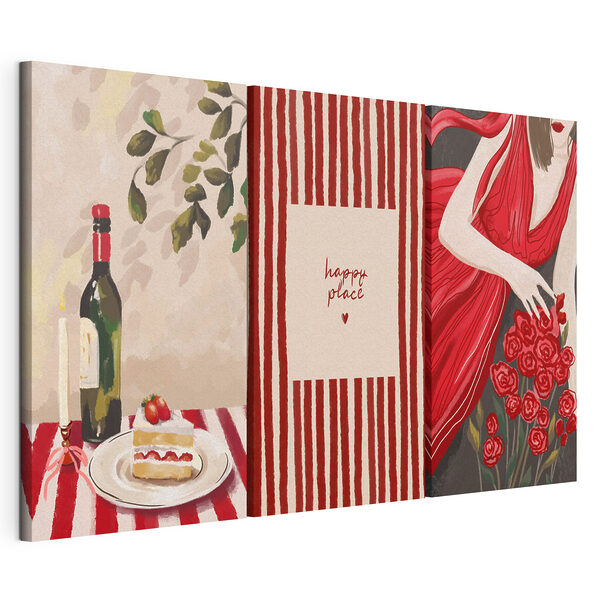Stampa su tela modulare Collage raffigurante una donna che tiene in mano un mazzo di rose e una candela