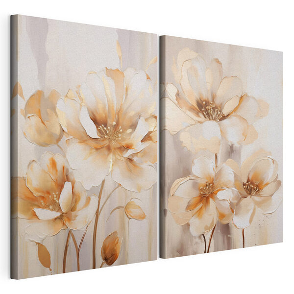 Due dipinti raffiguranti fiori su sfondo beige Stampa su tela modulare Due dipinti raffiguranti fiori su sfondo beige
