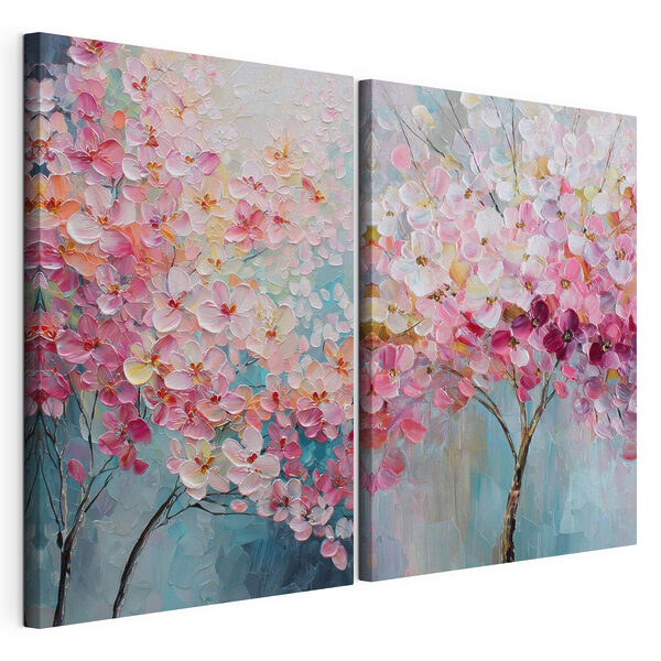Stampa su tela modulare Dipinto raffigurante un albero con fiori rosa