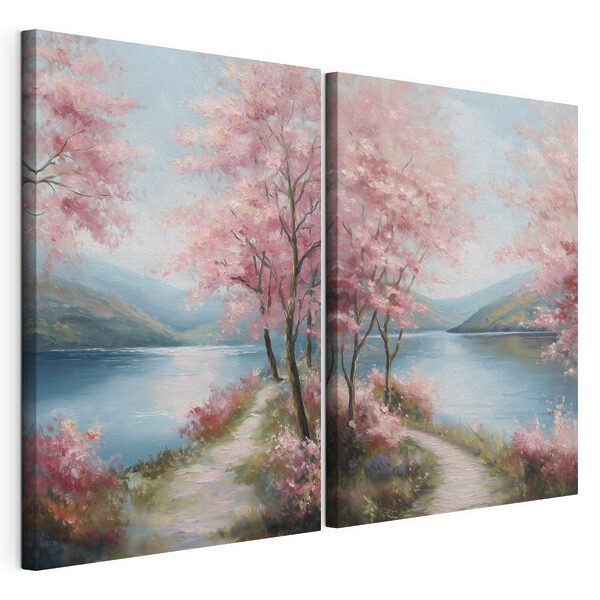 Stampa su tela modulare Dipinto raffigurante un sentiero in riva al lago con fiori rosa