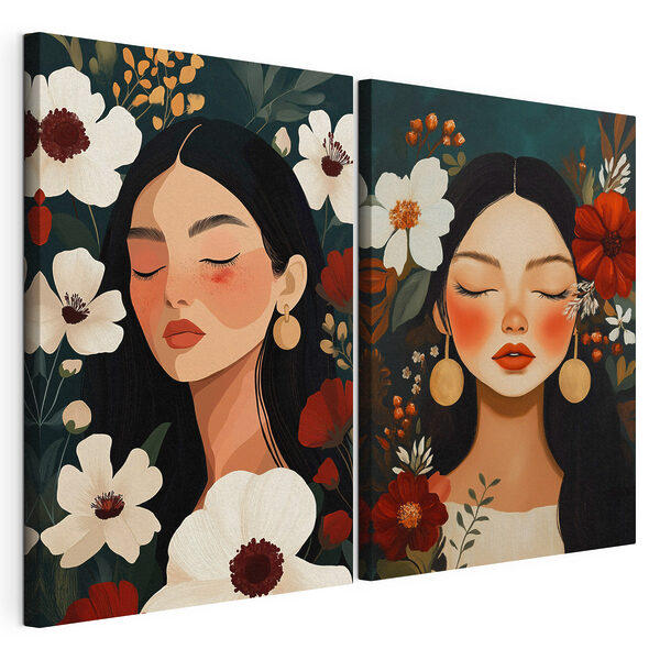 Stampa su tela modulare Espressioni serene tra fiori dai colori vivaci