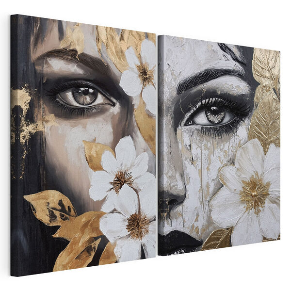 Dipinto raffigurante il volto di una donna con dei fiori Stampa su tela modulare Dipinto raffigurante il volto di una donna con dei fiori