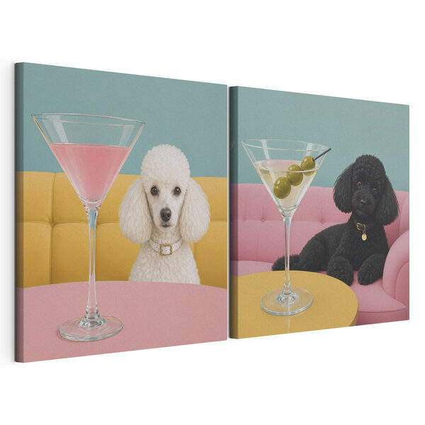 Cane seduto a un tavolo con un bicchiere da martini Stampa su tela modulare Cane seduto a un tavolo con un bicchiere da martini