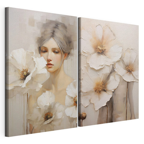 Dipinto raffigurante una donna con fiori bianchi Stampa su tela modulare Dipinto raffigurante una donna con fiori bianchi