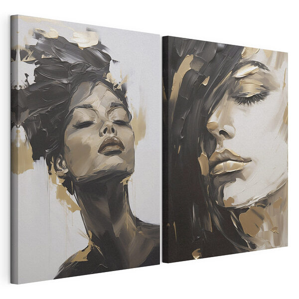 Collage del volto di una donna e di un dipinto raffigurante il volto di una donna Stampa su tela modulare Collage del volto di una donna e di un dipinto raffigurante il volto di una donna