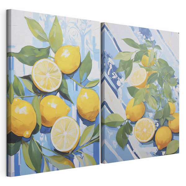 Dipinto raffigurante limoni e foglie Stampa su tela modulare Dipinto raffigurante limoni e foglie